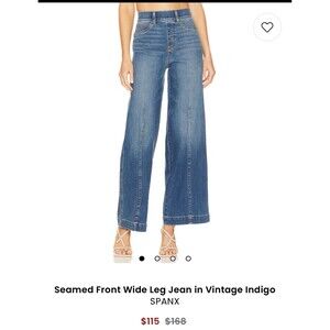 Spanx Jeans Womens Small Petite Wide Leg Pull On Denim Medium Wash Seamed Front